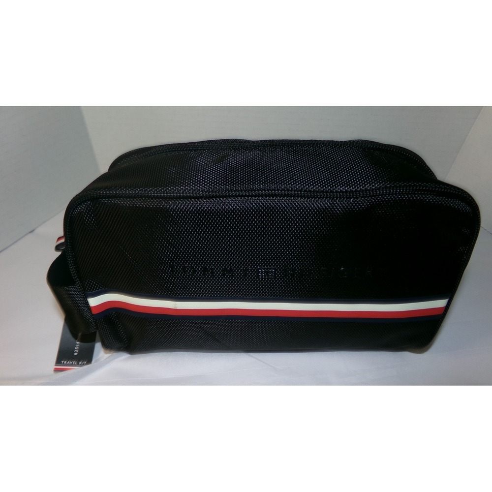 UNISEX TOMMY HILFIGER TRAVEL KIT / TRAVEL BAG~BLACK W/ STRIPES~MSRP $75